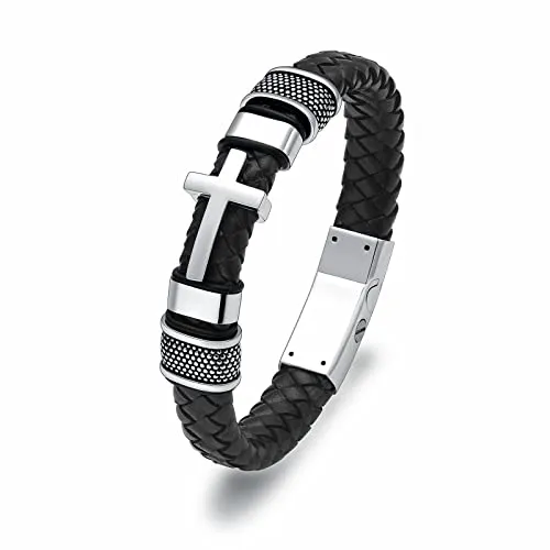 Minicremation Kreuz Einäscherung Urne Armband für Asche Echtes Leder Memorial Asche Schmuck Urne Bangles Medaillon Keepsake Armband für Männer (22CM, Silver)