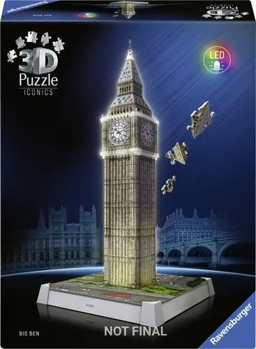 3D Puzzle Iconics: Big Ben mit Licht - Puzzles, detailgetreues 3D Modell des berühmten Big Ben, erstrahlt mit LED-Beleuchtung und bringt London Flair in Ihr Zuhause.