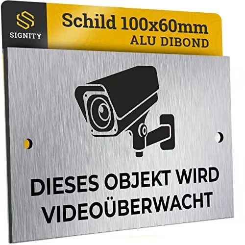 SIGNITY Alu Schild Videoüberwachung (100 x 60mm klein) - Alu Warnschild Kamera Überwachung - ideal zur Kamera Attrappe - Aluminium Schild - Achtung Videoüberwachung für Privatgrundstück