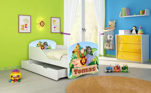 ACMA I Jugendbett Kinderbett Junior-Bett Komplett-Set mit Matratze Lattenrost Weiß 02 Animals Name 180x80 + Bettkasten