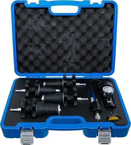 BGS 8096 Universal-Kühlsystem-Abdrück-Satz 5-tlg. - Klimaanlage & Innenraumheizung, ideal zur Druckprüfung an Kühlsystemen, inklusive 4 Konusadapter für die meisten Fahrzeuge und farbcodiertem Manometer.