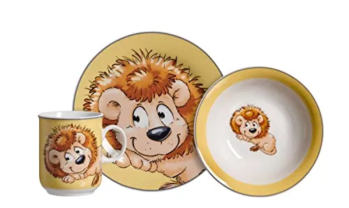 Ritzenhoff & Breker Kindergeschirr-Set Happy Zoo, Leo, 3-teilig - Kindergeschirrset aus Porzellan, spülmaschinenfest und mit kindgerechtem Henkel. Ideal als Geschenk zur Taufe, Weihnachten oder Geburtstag.