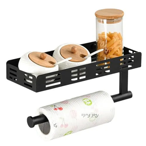 Küchenpapierhalter Wand, Karbonstahl toilettenpapierhalter mit ablage, Gewürzregal Wand ohne Bohren mit 4 Haken und Dämpfung Geeignet für Küche und Bad, Schwarz
