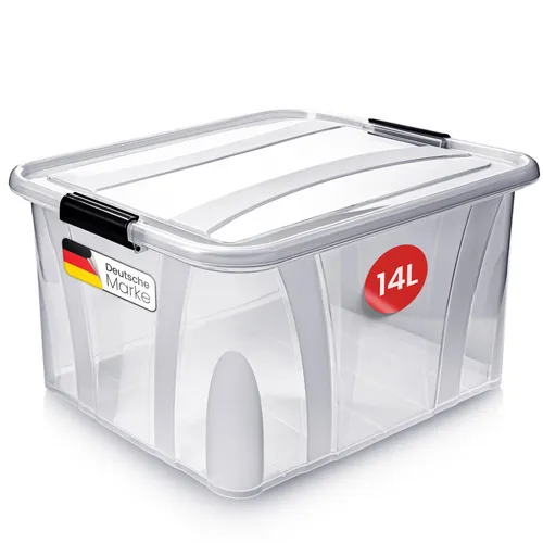 KONZEPT Aufbewahrungsbox 14 L mit Deckel – transparente Kunststoffbox, stapelbar, BPA-frei, verstärkter Boden, robuste Verschlussclips