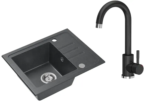 VBChome Granitspüle Schwarz mit Schwarzer Armatur, 55 x 44 cm, Einzelbecken Einbauspüle, Reversibel, Gesprenkelt, Pflegeleichtes Komplettset mit Siphon – Ideal für kleine Küchen