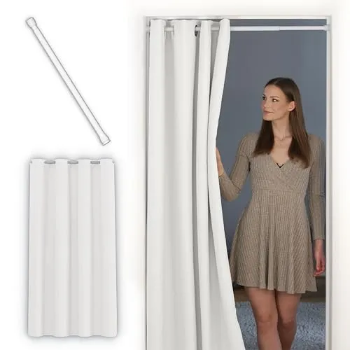 tinycurtains, Thermo Türvorhang mit Teleskopstange, einfache Montage in nur 1 Minute ohne Bohren (Türgardine weiß + H195 x B150 cm + Stange weiß B70-120 cm)