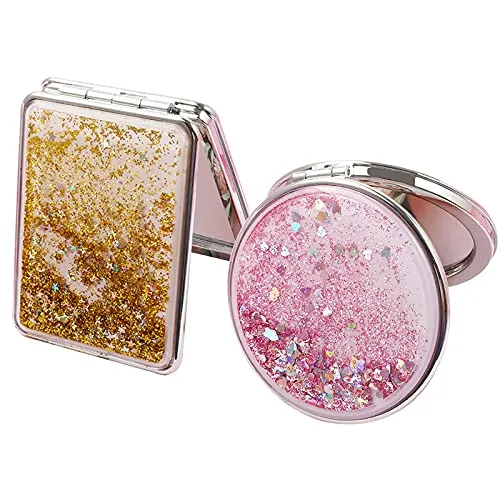 Mlysnd Kleiner Taschenspiegel, 2 Stück, Kosmetikspiegel, rund, faltbar, klein, faltbar, doppelseitig, rund, quadratisch (Rosa, Gold)