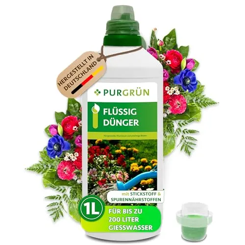 Purgrün Universaldünger Flüssigdünger 1L - Dünger für gesunde Pflanzen mit NPK 8+8+6, stärkt die Widerstandskraft und sorgt für üppige Blütenpracht – ideal für Haus und Garten.