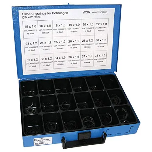 Dresselhaus 0/4499/000/8548/06 Sortimente Sicherungsringe DIN 472 - Sicherungsscheiben Sortiment mit 180 sortierten Sicherungsringen in Metallgehäuse, ideal für präzise Anwendungen und stets griffbereit durch gut zugängliche Kunststoffeinsätze.