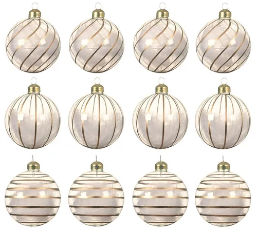 Kaemingk Weihnachtsbaumkugel, Weihnachtskugeln Glas 8cm mit Streifen / Federn gefüllt 12er Set klar