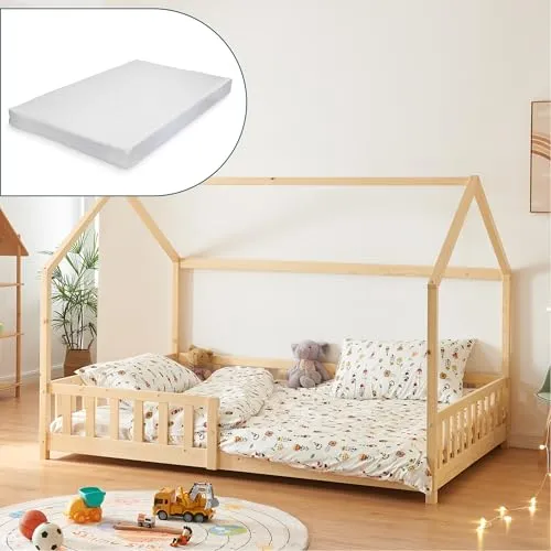 [en.casa] Kinderbett Hesel Hausbett mit Matratze 120 x 200 cm - Kleinkindbetten mit charmantem Hausdesign und Rausfallschutz, ideal für sicheres und gemütliches Schlafen, inklusive atmungsaktiver Kaltschaummatratze.