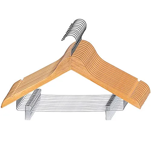 KADAX Kleiderbügel aus Holz, mit Klemmen aus Metall, Zwei Einkerbungen, 360°drehbarer Haken, Garderobenbügel für Kleidung, Hosen, Hemd, Rock, Anzug, Jackenbügel, rutschfest (12 Stück, Modell 2)