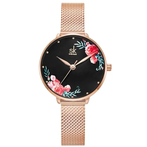 Alienwork Damen Armbanduhr Roségold mit Metall Mesh Armband - Elegante Armbanduhr für Damen mit präzisem Japanischem Quarzwerk und feinem Mesh-Armband. Ideal für jeden Anlass und passt perfekt zu jedem Outfit.