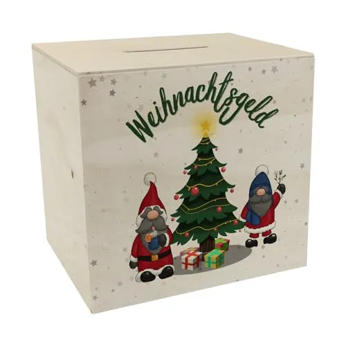 Weihnachtsgeld Spardose aus Holz mit Zwei niedlichen Weihnachtswichteln EIN buntes Sparschwein für Kinder Weihnachtsbaum Weihnachten Sparbüchse Weihnachtswichteln Weihnachtliche