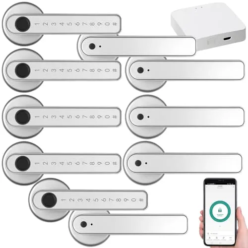 VisorTech Tür Beschläge: 5er-Set Sicherheits-Türbeschlag mit Fingerabdruck-Scanner,WLAN-Gateway (Türöffner Codeschloss, Elektro Türgriff, Smart Lock)