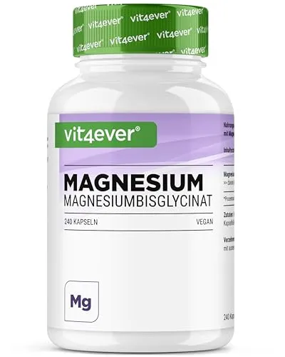 Vit4ever Magnesiumbisglycinat - 240 Kapseln - 240 hochdosierte Kapseln mit 310 mg elementarem Magnesium pro Tagesportion, vegan und ohne unerwünschte Zusätze. Ideal für die einfache Dosierung und tägliche Unterstützung.