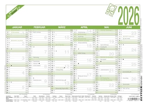 Zettler Arbeitstagekalender A4 Blauer Engel 2026 – Bürokalender groß 30 × 21 cm, 6 Monate pro Seite, Arbeitstage-, Tages- & Wochenzähler, Ferienübersicht, Feiertage, Recyclingkarton, nachhaltig