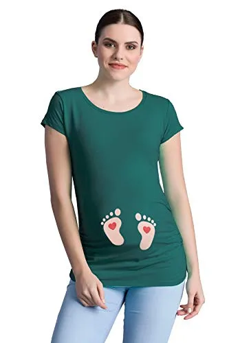 Umstandsshirt mit Fußabdrücken Baby - Lustiges Schwangerschafts-T-Shirt (Dunkelgrün, Medium) - Stylisches Umstandsshirt mit seitlichen Raffungen und Rundhals-Ausschnitt für werdende Mütter. Bequemes Material mit 95% Baumwolle, ideal für jeden Tag.