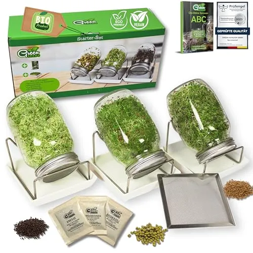 Green SEEDS® [Das Original Sprossenglas 3er Set + KRESSESIEB | 1000ml mit hochwertigem Edelstahl-Gitterdeckel, Ständer, Keramikschale + Sprossen-ABC [Druckversion] Keimglas Anzuchtschale Kresseschale