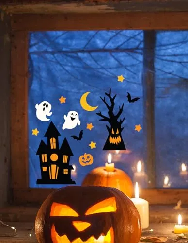 FIESTAS GUIRCA - 14 Gel-Aufkleber für Fenster, Hanie, Geisterhaus - Papeterie & Sticker für Halloween-Dekoration, kreative Fensteraufkleber in Schwarz, Orange und Kupfer für ein gruseliges Ambiente am 31. Oktober.