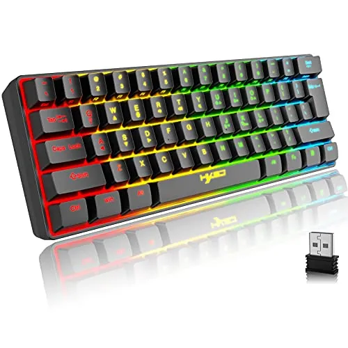 Kabellose Gaming Tastatur mit Regenbogenbeleuchtung - Ergonomische 61 Tasten Bluetooth 5.0 + 2.4G Dual-Modus Tastatur, ideal für Gamer und Büro, bietet leises Tippen und lange Akkulaufzeit von bis zu 10 Millionen Tastenanschlägen.