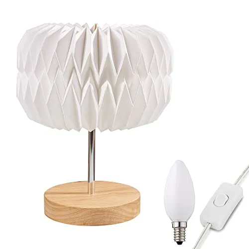 hellum Tischlampe mit Design Papier Lampenschirm mit LED Glühbirne, Weiß Papierschirm mit Fuß aus Holz und Metall. Deko Tischleuchte mit 1,5m Kabel mit Stecker mit Schalter, Höhe 32 cm 578164