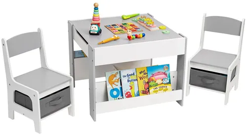 Yorbay Kindertisch mit 2 Stühlen, 3-in-1 Maltisch für Kinder - Multifunktionales Kinderzimmerset aus Holz mit Stauraum, ideal zum Schreiben, Malen und Spielen. Fördert Kreativität und Ordnung im Spielbereich.
