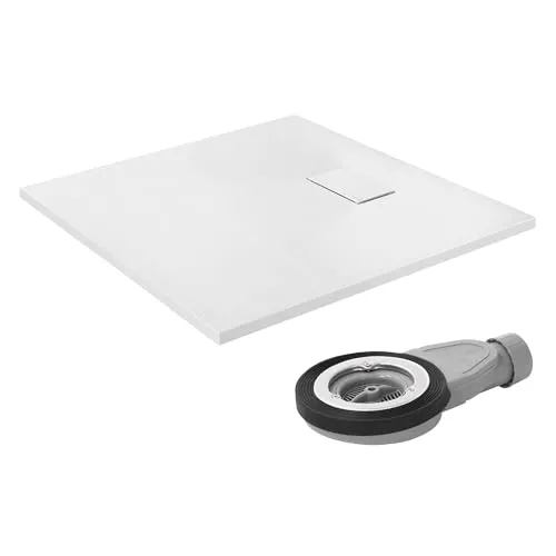 LuxeBath Duschwanne 90x90 cm Weiß mit Ablaufgarnitur, Extra flache und robuste SMC Duschtasse, Quadratische Brausewanne H:30mm, Design Brausetasse Anti-Rutsch-Oberfläche in Schieferoptik mit Siphon