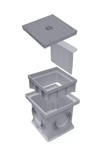 Marley Einlaufschacht mit Aufsatz, Geruchsverschluss + Deckel 200x200mm - Universeller Einlaufschacht für Boden- und Oberflächenwasser. Robustes Kunststoffmaterial, kompakte Maße: 196x196x277 mm, ideal für zuverlässige Entwässerungslösungen.