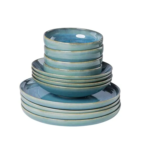 Gipfelstück Tafelservice Geschirr-Set, Service Tiefer See (12-tlg) - 12-teiliges Geschirr-Set aus Steinzeug im Scandi-Style, jedes Stück ein Unikat, perfekt für 4 Personen und spülmaschinengeeignet.