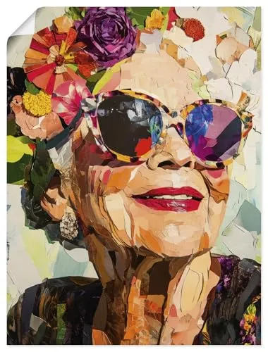 ARTLAND Wanddeko Poster & Kunstdrucke Wandposter 45x60 cm Porträt Frau mit Sonnenbrille Mode Blumen Farben Collage U5MP