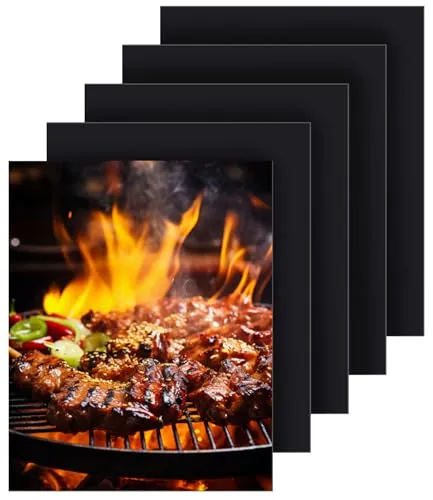 5er Set BBQ Grillmatte 50 x 40 cm, Teflon Grillmatten Antihaft-Beschichtung | Wiederverwendbare Grillmatten für Gasgrill, Holzkohle & Backofen, Hitzebeständig bis 260°C, Zuschneidbar, PFOA-Frei