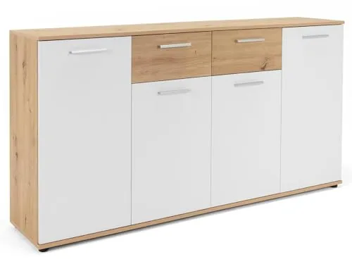möbelando Sideboard Jacklin - Moderne Kommode in Artisan Eiche mit Weißabsetzung - Buffets mit 4 Türen und 2 Schubkästen bieten viel Stauraum. Das hochwertige Design in Artisan Eiche verleiht Ihrem Wohnbereich eine helle, attraktive Optik.