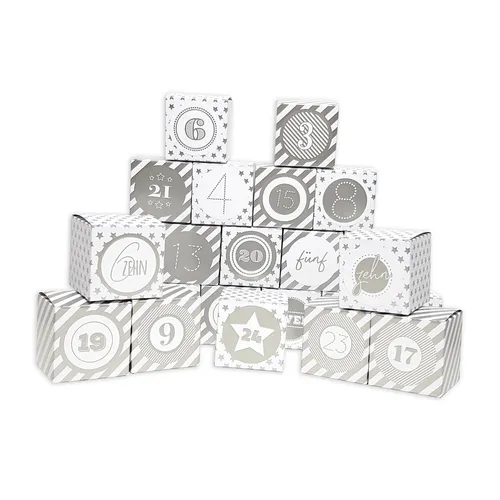 DIY Adventskalender zum Befüllen Faltschachteln silber Ziffern silber Würfelbox
