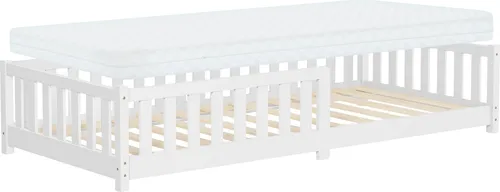 ML-Design Kinderbett 90x200 cm Weiß Bodenbett für Kinder mit Matratze Lattenrost und Rausfallschutz Jugendbett aus massivem Kiefernholz Bettgestell