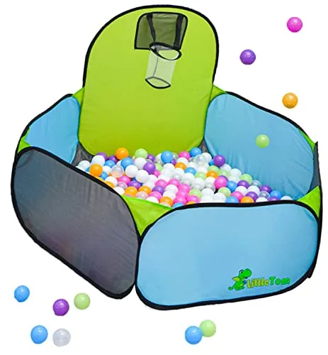 LittleTom Kids Bällebad mit Basketball Korb - 300 Bälle, 120x100 cm Bällepool für drinnen und draußen, perfektes Spielzeug für Kleinkinder ab 1 Jahr