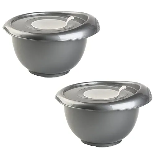 Gariella 2x anthrazit Back-/Rührschüssel mit zweigeteiltem Deckel Quirltopf Salatschüssel rutschfest Silikonfüße Einhandgriff Ausgießer Kunststoff