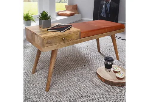 FineBuy Sitzbank Lederbank Holz massiv Flurbank Stauraum Polsterbank - Drohnen Sitzbank im modernen Retro-Style mit hochwertigem Materialmix aus Massivholz und Echtleder, ideal für stilvolle Flure und zusätzlichen Stauraum.