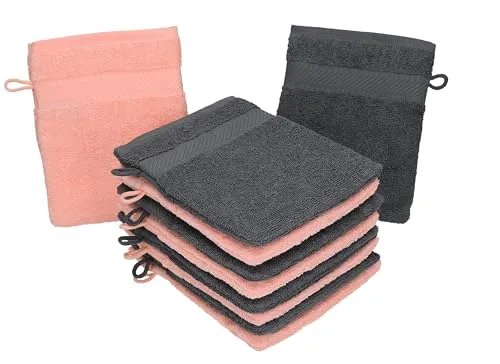 Betz Waschhandschuhe Palermo 10 Stück 16x21 cm – 100% Baumwolle 360g/m² – Weiche Frottee Waschlappen – Pflegeleicht & saugstark – Farbe Anthrazit/Apricot