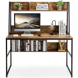 COSTWAY Schreibtisch mit Ablage und offenem Bücherregal, Computertisch Holz 120x57x140cm, Kaffee