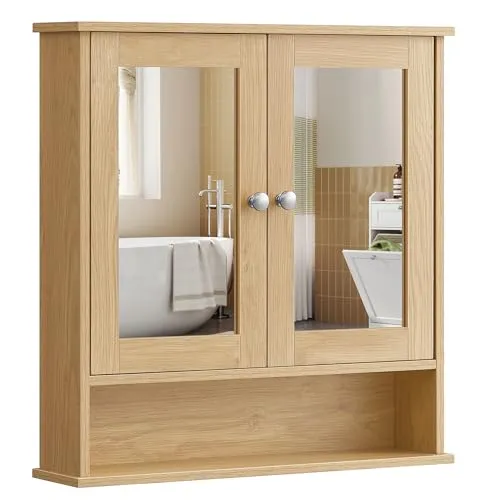 VASAGLE Spiegelschrank, Badschrank, Wandschrank, Hängeschrank mit 2 Spiegeltüren und offenem Fach, verstellbare Ablage, Wandmontage, 13 x 56,5 x 58,5 cm, natureichenfarben LHC003Y01