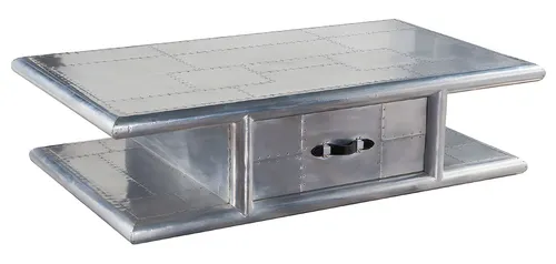 Designer Flieger Couchtisch aus Aluminium im Retro-Stil - Moderner Couchtisch mit einem stabilen Aluminiumrahmen und Hartholz, ideal für stilvolle Wohnzimmer. Pflegeleicht und mit einer praktischen Schublade ausgestattet.