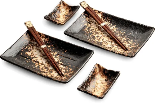 WestCraft Sushiteller Set Dragonfire für 2 Personen - Sushi Geschirr Set mit 6 Teilen, stilvolles Design im Nippon Look, ideal für asiatische Dinnerpartys, spülmaschinengeeignet und ofenfest.