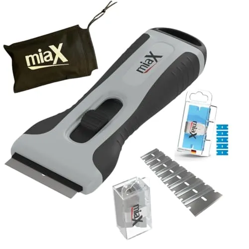 miaX Profi Kochfeldschaber Set mit Klingenfach & 20 Klingen | 15 Metallklingen, 5 Kunststoffklingen, Spenderbox, Aufbewahrungssäckchen, für Glaskeramik, Induktion, Backofen, Haushalt