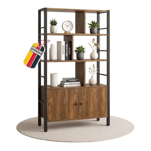 Mein-Regal Vintage Metallregal 155x74x30 cm - Standregal mit 7 Fächern & 2 Türen, ideal für kleine Räume. Kombiniert dunkles Holzdekor mit einem stabilen Metallrahmen für einen modernen Vintage-Look.