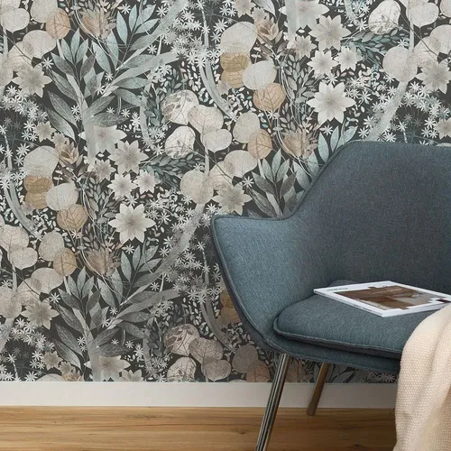 Vliestapete Floral Wildblumen Blätter Blüten Blau Grau Braun 10506-44 (3,15€/1qm