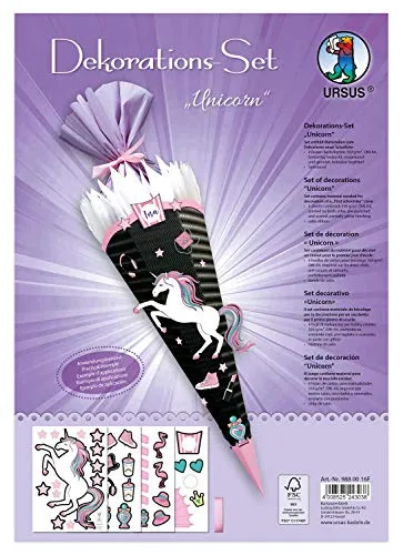 Ursus 9880016F - Dekorations Einhorn, 4 Bogen Bastelkarton DIN A4, zum Dekorieren einer Schultüte (Rohling nicht enthalten) beidseitig bedruckt, vorgestanzt, mit Satinband