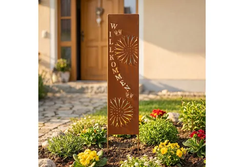 levandeo Gartenstele Willkommen – Rostdeko 20x100cm aus Eisen - Gartenschilder aus robustem Eisen in rustikaler Rostoptik, mit ausgestanzten Blumen und dem einladenden Schriftzug „Willkommen“ – ein charmanter Blickfang für jeden Garten.