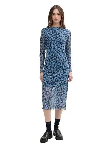 TOM TAILOR Denim Damen Kleid 1045460 - Langärmliges Kleid in 37130-Blue Flower Print, optimale Passform für hohen Tragekomfort – ideal für modische Auftritte.
