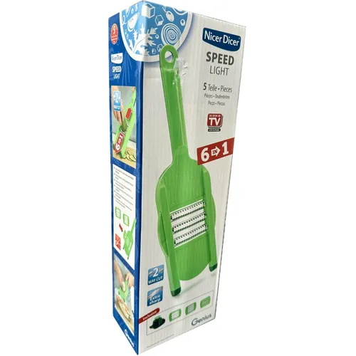 Genius Nicer Dicer Speed Light Gemüseschneider - 5-teiliges Set mit manuellem Gemüsehobel in Grün, inklusive Fingerschutz und verschiedenen Reibemöglichkeiten für müheloses und sicheres Schneiden.